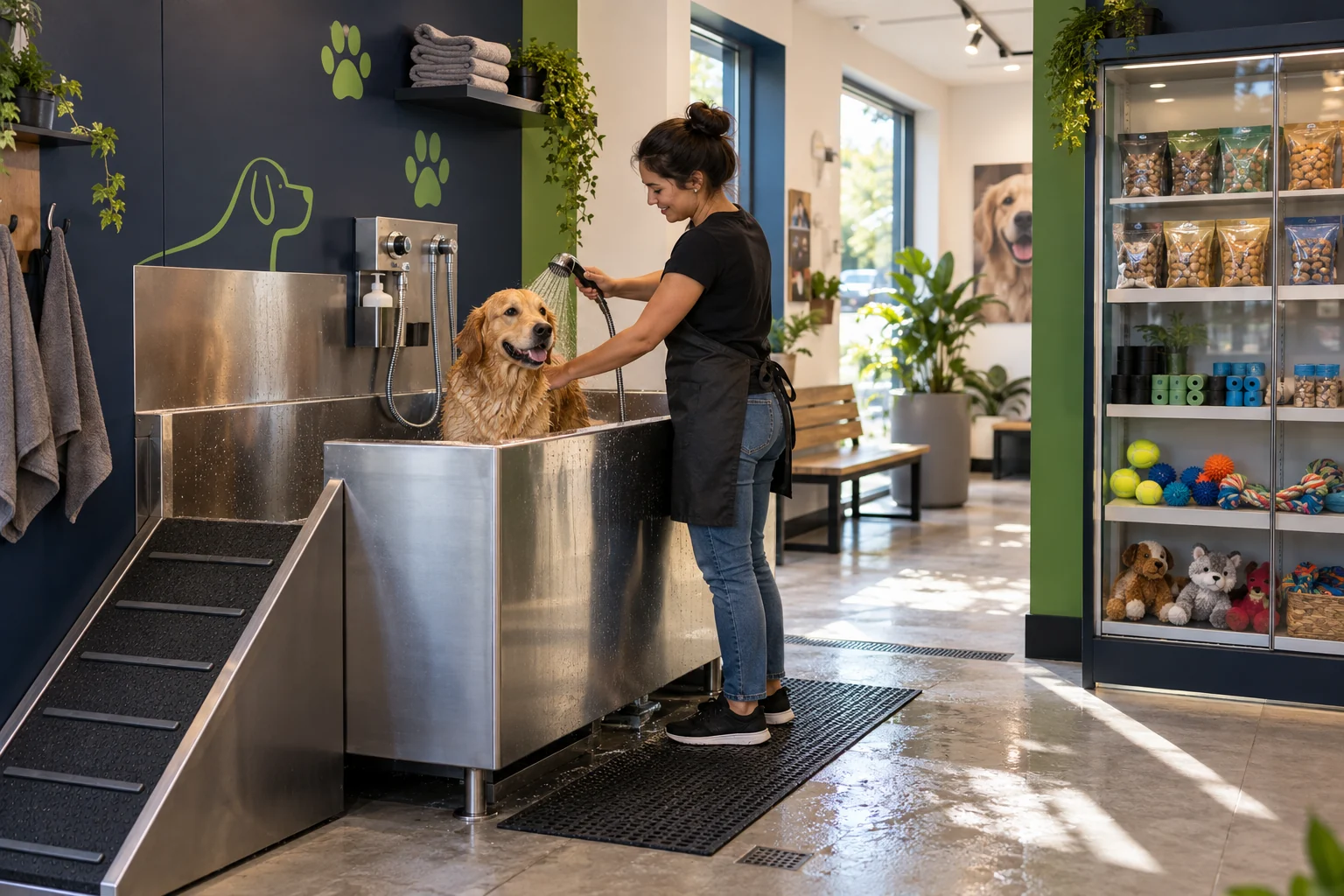 Conceito ilustrativo de tutor dando banho em cachorro em banheira aberta, ao lado de produtos pet