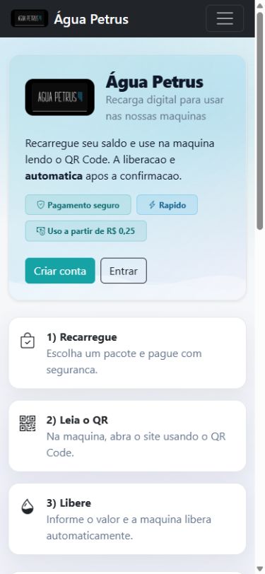 Tela pública do aplicativo Água Petrus com pacotes de recarga