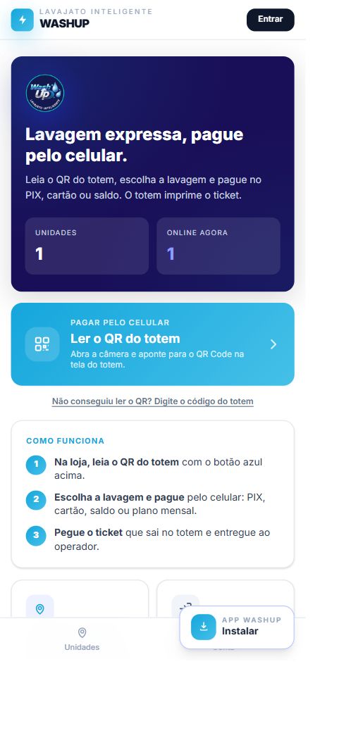 Tela pública real da WashUp com compra pelo celular, leitura do QR do totem e orientação para retirada do ticket