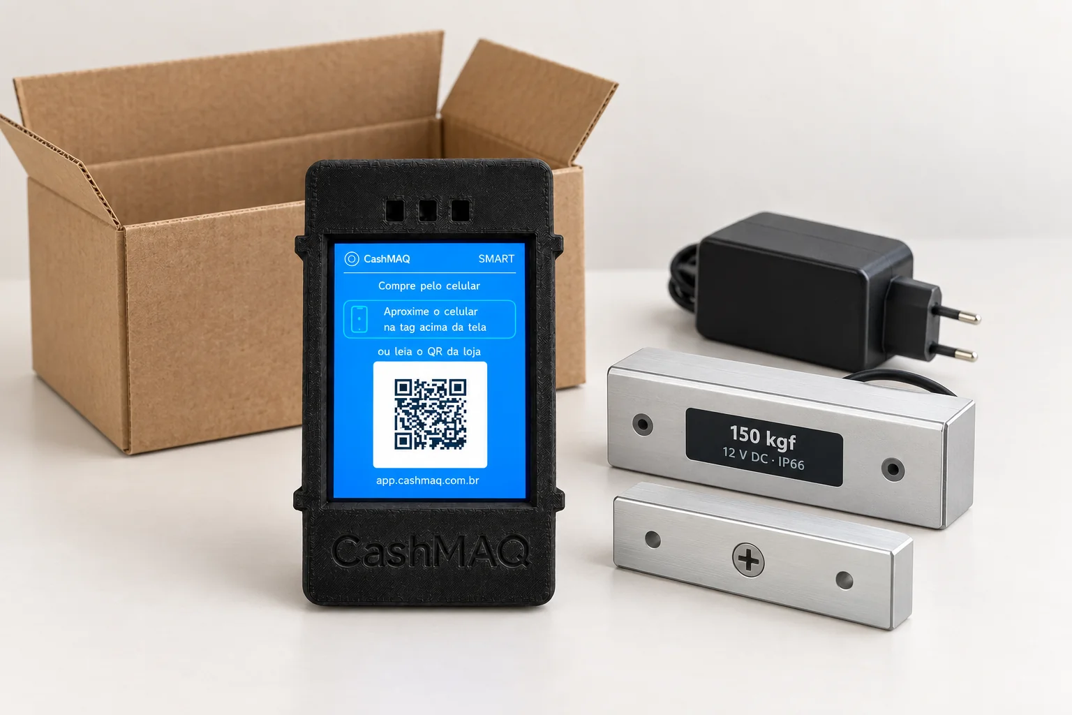 Kit Geladeira Smart com central CashMAQ, uma trava e contraplaca, fonte bivolt e caixa ilustrativa