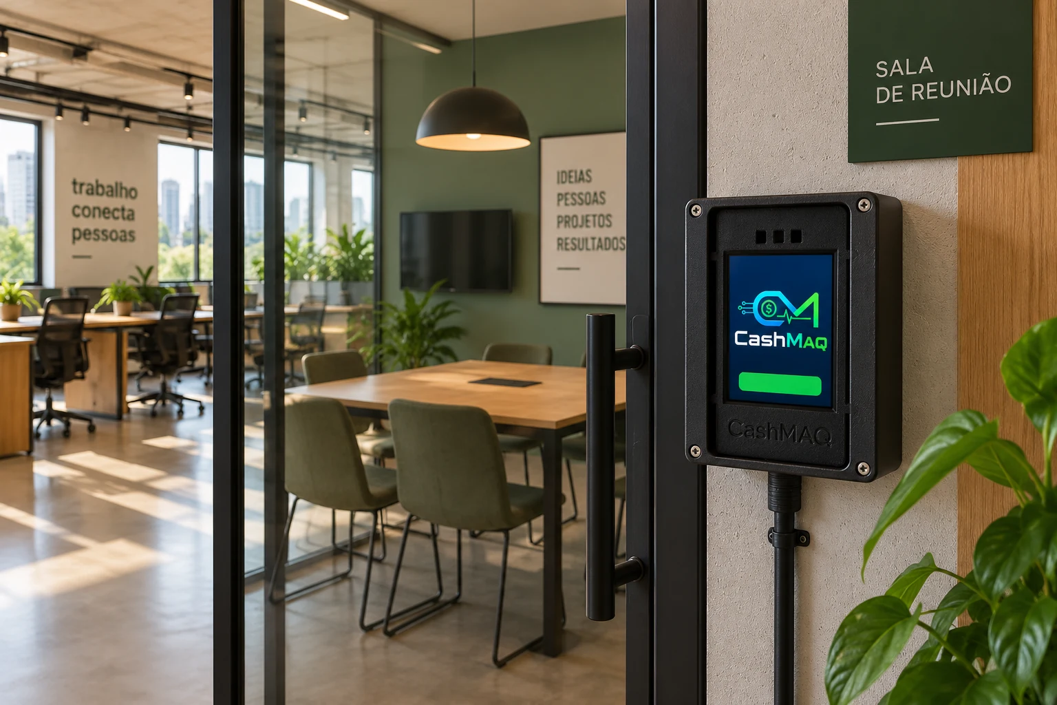Imagem ilustrativa de espaço de coworking e sala compartilhada com interface de autoatendimento CashMAQ