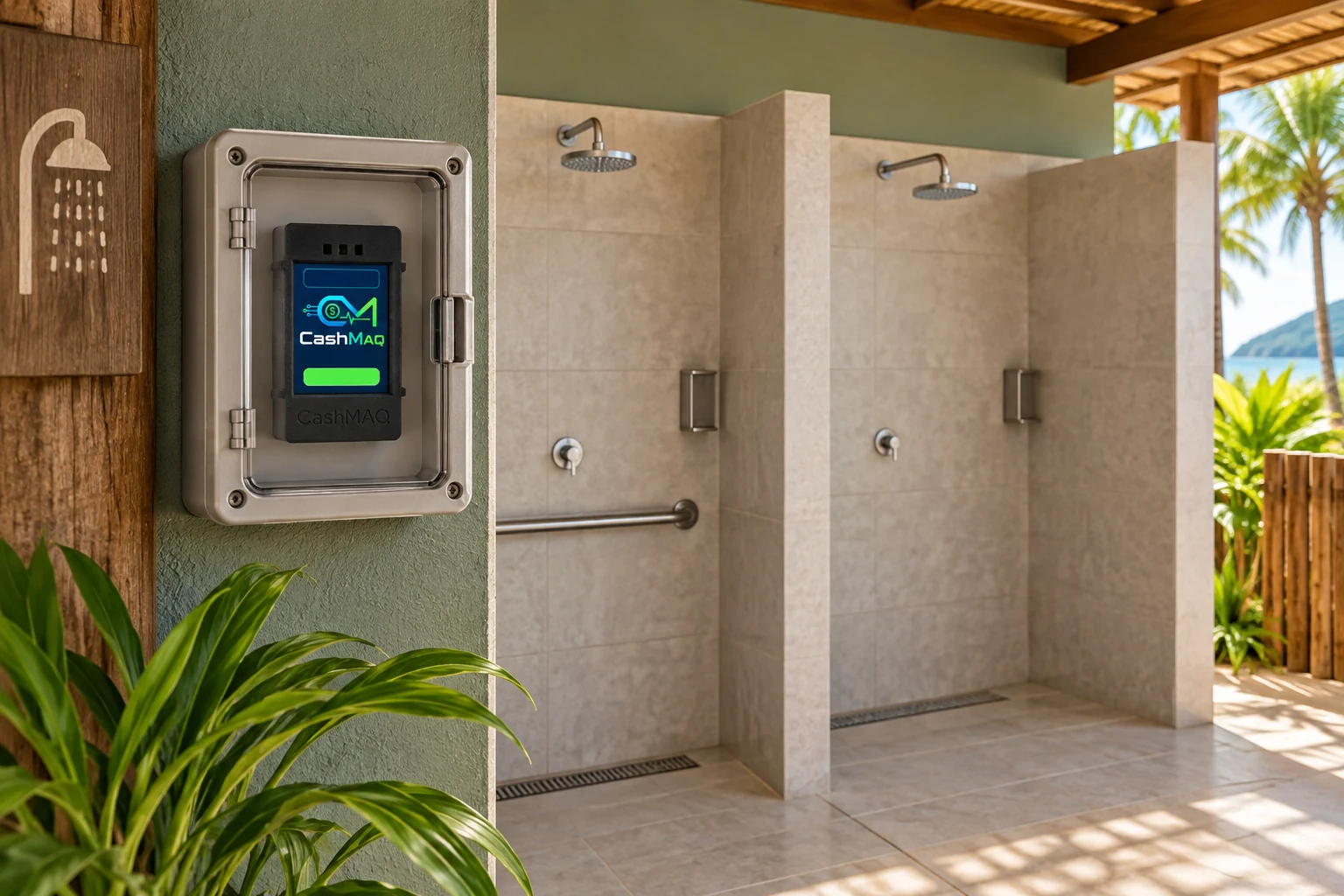 Conceito ilustrativo de duchas com uso temporizado em área turística