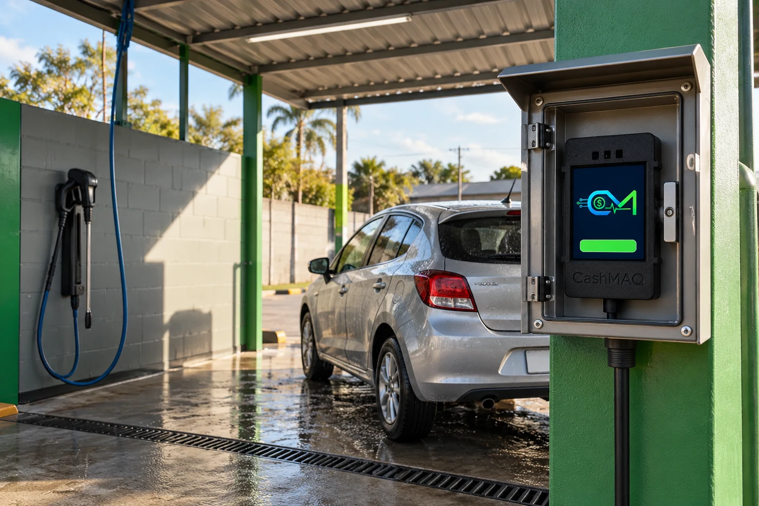 Imagem ilustrativa de box de lavagem com jato de pressão, carro e interface CashMAQ protegida
